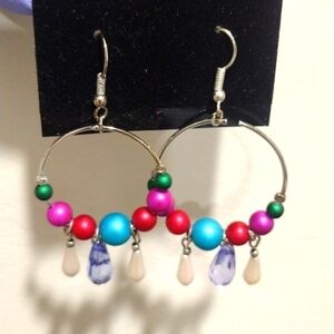 Women's Stylish Silver-tone Hoop Beaded Design Drop Dangle Earrings - 2.5-inch